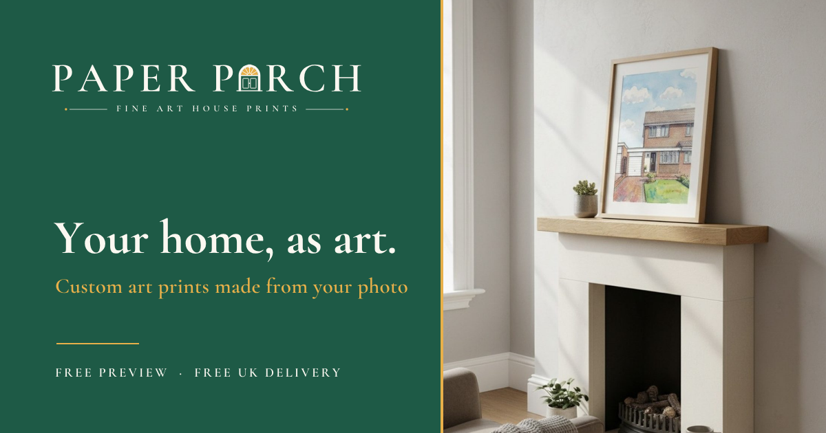 Paper Porch logo beside a framed watercolour print of a family home on a mantelpiece